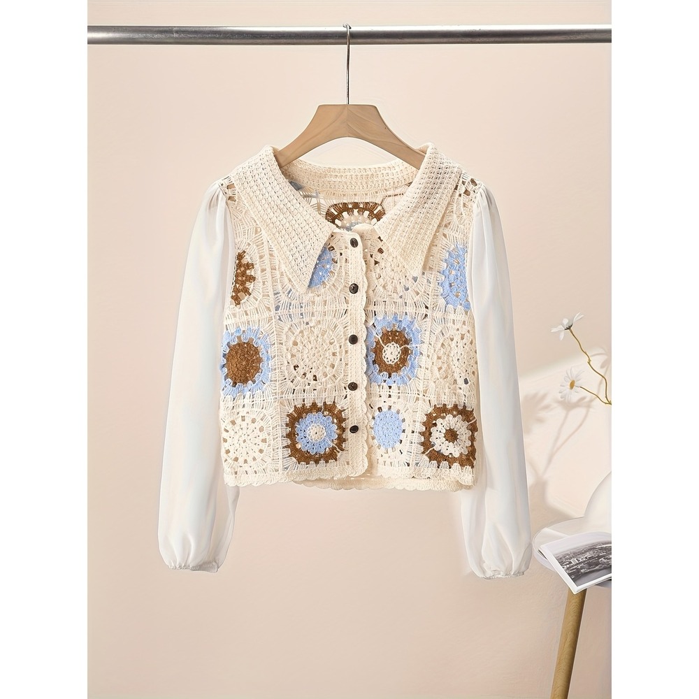 Unbranded Boho Crochet Granny Square Cardigan Cream Blue Floral Button Up NEW S